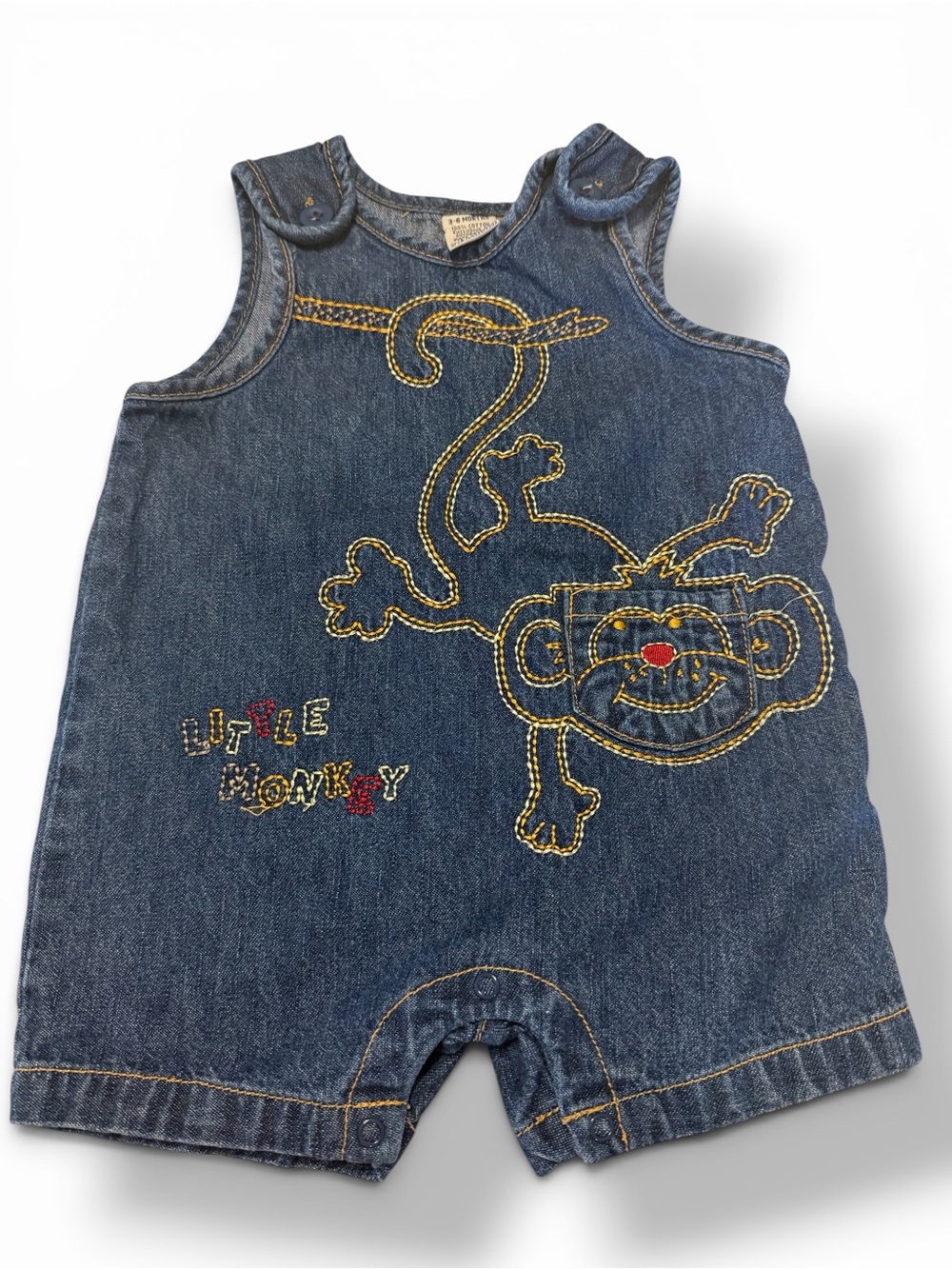 Vintage Little Monkey Denim Romper 90s Baby 3-6m Embroidered 100% Cotton